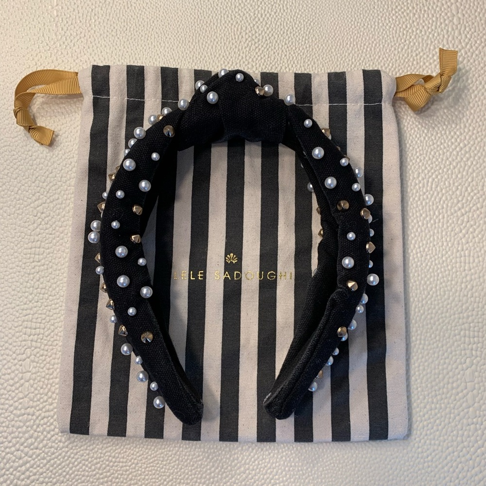 Lele Sadoughi Jet Gold Woven Multi Pearl & Stud Embellished Headband WORN ONCE